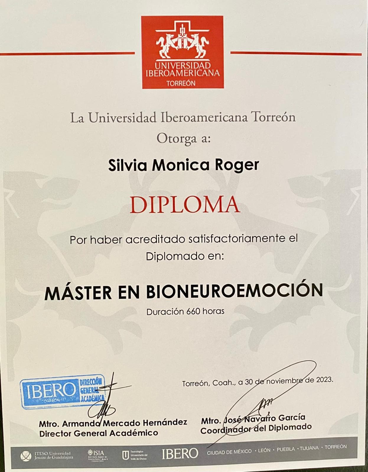 Diploma di Máster in BioneuroEmoción di Silvia Monica Roger — 660 ore, Instituto Corbera de Barcelona